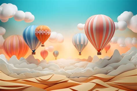 Premium Photo Hot Air Balloons Flying In The Sky Paper Cut 3d Origami Background Pastel Colors