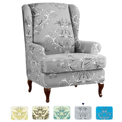 Subrtex Stretch 2 Piece Vector Floral Wing Chair Slipcover Gray