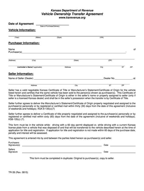 Whenever a residential or commercial property transfers ownership in dearborn, a property transfer affidavit form is required to be filed the assessor reviews this form to ensure the property is assessed properly and given the correct taxable value for the year following the transfer of property. 2015-2020 Form KS TR-39 Fill Online, Printable, Fillable ...