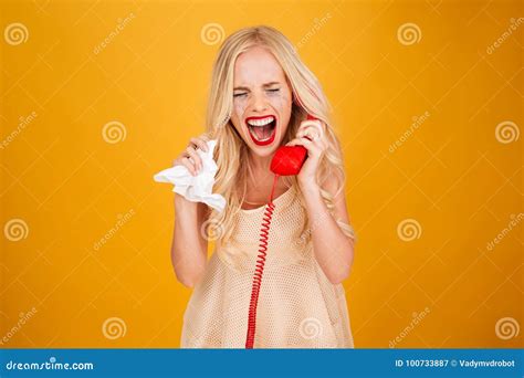 Sad Crying Screaming Young Blonde Woman Talking By Telephone Stock
