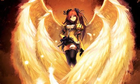 Anime Angel Anime Wings Girl Fantasy Orange Eyes Orange Hair Twintails