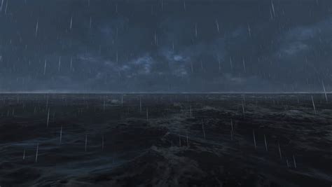 Stormy Sea At Night With Rain Storm In The Middle Of The Ocean Stock