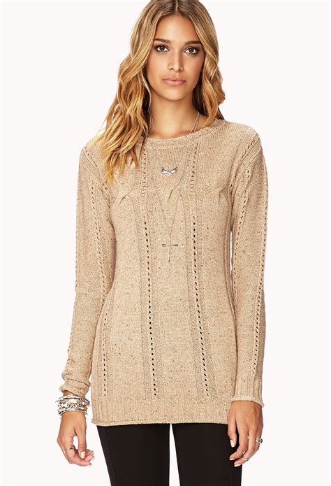 Forever 21 Cable Knit Tunic Sweater In Natural Lyst