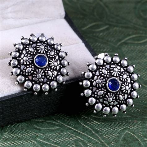 Bollywood Oxidized Silver Plated Handmade Statement Stone Studs
