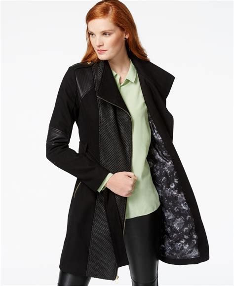 Lyst Guess Mixed Media Asymmetrical Zip Coat In Black