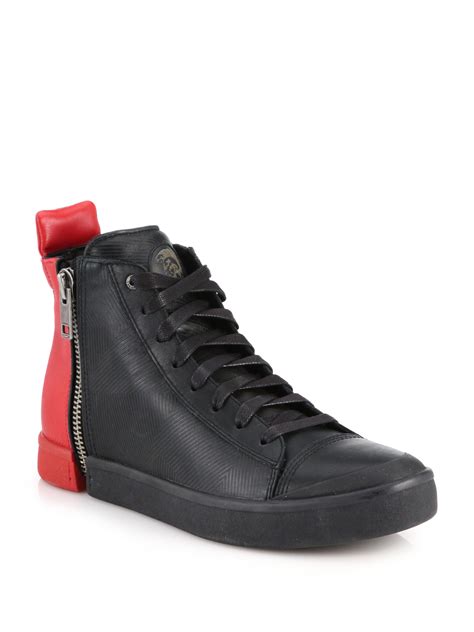 Diesel Colorblocked Zipped Leather High Top Sneakers In Black For Men