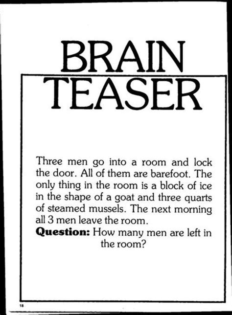 Printable word puzzles brain teasers. Brain Teaser Three men go into a room and lock the door ...