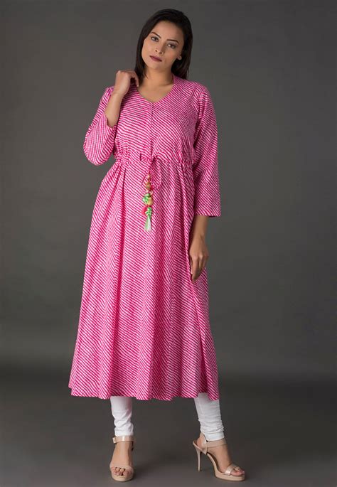 Leheriya Printed Cotton Long Kurta In Pink Tjw680