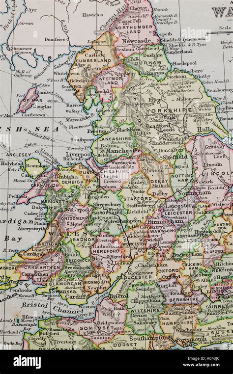 An Old 100 Year Old Map Of England Showing County Boundaries Stock