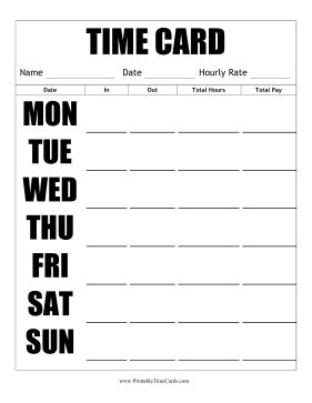 Features of free printable time cards. Large Print Time Card Vertical Time Card