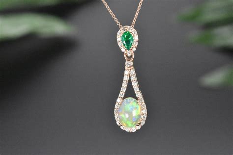 Emerald Opal Diamond Gold Necklace Jewelry Gift Natural Etsy Uk