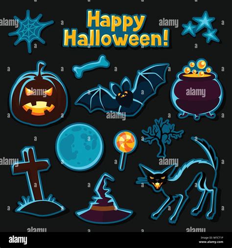 Happy Halloween Sticker Set With Characters And Objects Stock Vector