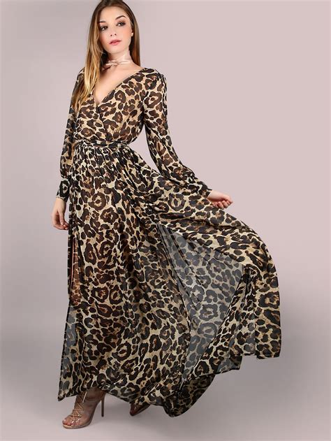 shein leopard print surplice chiffon maxi dress long sleeve chiffon maxi dress maxi dress