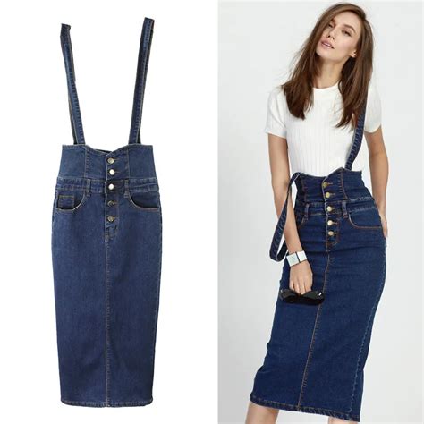 Long Denim Skirt With Straps Women Button Jeans Skirts Plus Size Long