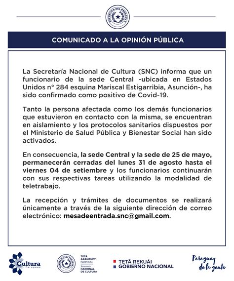 Comunicado A La Opinión Pública Secretaría Nacional De Cultura