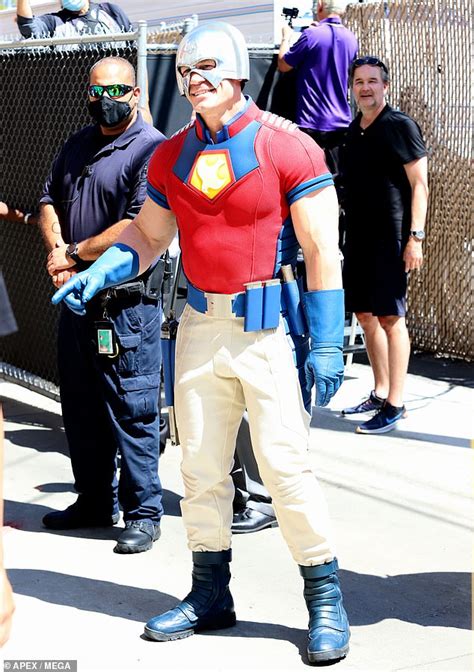 John Cena Arrives In His Full Peacemaker Costume To Promote The Suicide Squad Daily Mail Online