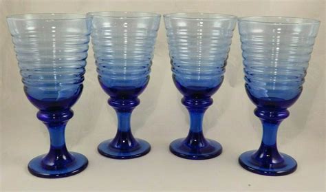 Libbey Sirrus Cobalt Blue Glass Ringed Stemmed Water Goblets Set Of 4 Ebay In 2021 Blue