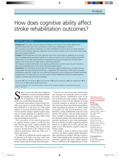 Pdf How Does Cognitive Ability Affect Stroke Rehabilitation Outcomes