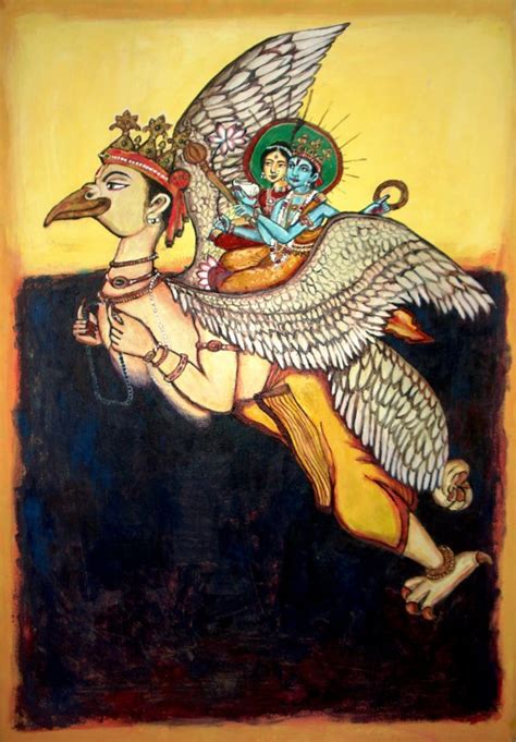 Garudarothko Acrylic Painting 36x24 On Sale Lord Vishnu And Lutchmi