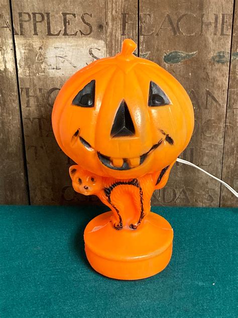 Vintage Bayshore Blow Mold Halloween Pumpkin And Cat Light Up Decoration