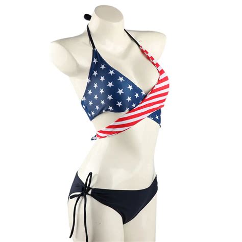 Fashion Sexy Womens Ladies Summer Beach Bra American Flag Printing Ladies Brief Sets In Bra