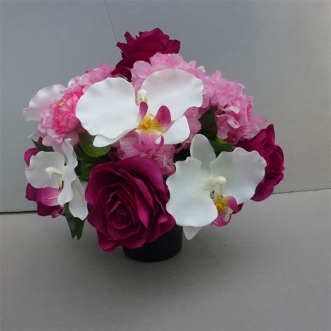 Pot For Memorial Vase With Artificial Pink Roses And White Orchids