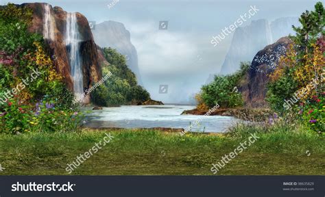 A Magical Landscape With Waterfalls Flowers And Trees