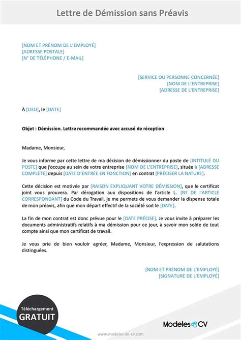 Modèle Lettre De Démission Sans Préavis Exemple Gratuit