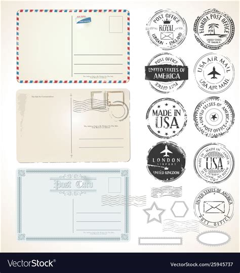 Set Postal Stamps And Post Cards On White Vector Image
