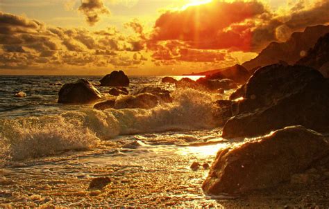 Wallpaper Sea Sunset Stones Coast Surf Images For Desktop Section