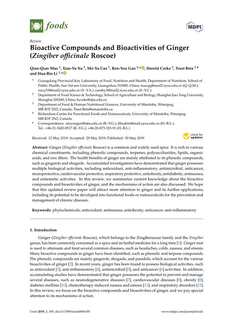 PDF Foods Bioactive Compounds And Bioactivities Of Ginger Zingiber Officinale Roscoe