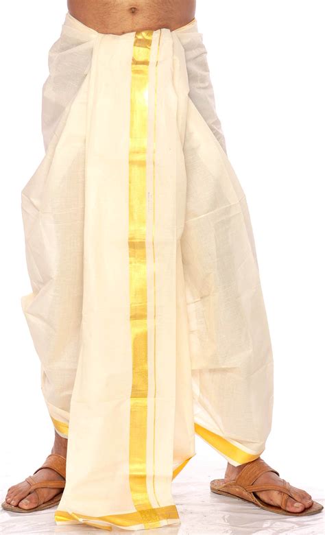 Off White Kasavu Dhoti From Kerala With Wide Golden Woven Border