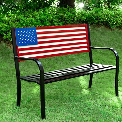 Metal American Flag Patio Front Porch Or Park Bench Outdoor Redwhite
