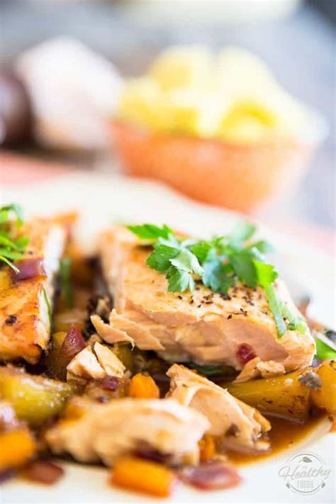 It will take between 15 and 25 minutes to cook through, depending on how thick the salmon is. Salmon Fillet with Caramelized Pineapple • The Healthy Foodie
