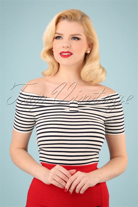 50s Bardot Stripes Rib Top in Black and Ivory