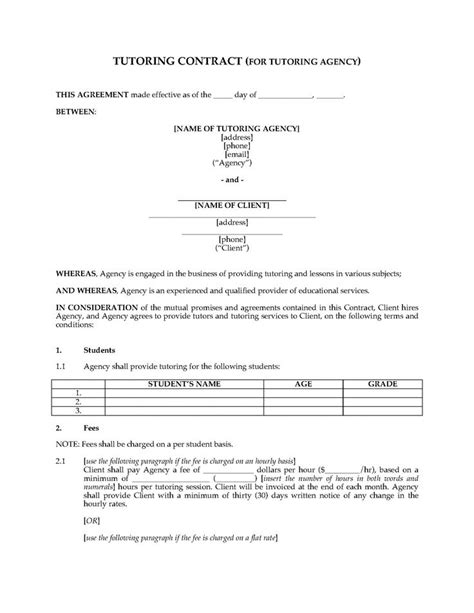 Editable Tutoring Contract Between Agency And Client Tutoring Agreement