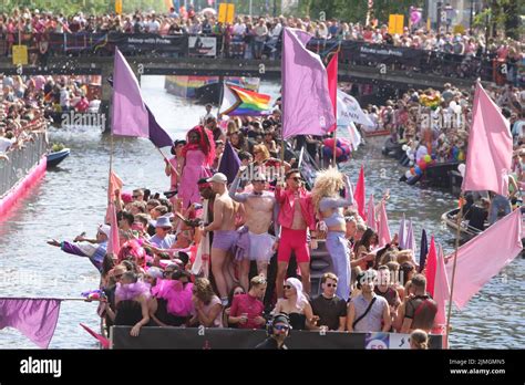 amsterdam netherlands 06th aug 2022 revellers enjoys on the boat celebrates the lgbti canal
