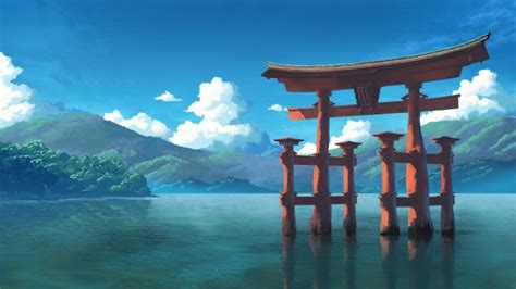 Download 1920x1080 Anime Landscape Shrine Lake Torii