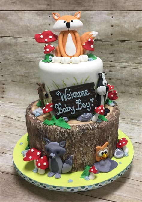 This woodland baby shower decorations set includes beautiful forest animal pieces to turn your event into a magical party. Woodland themed baby shower cake ️ | Animal baby shower ...