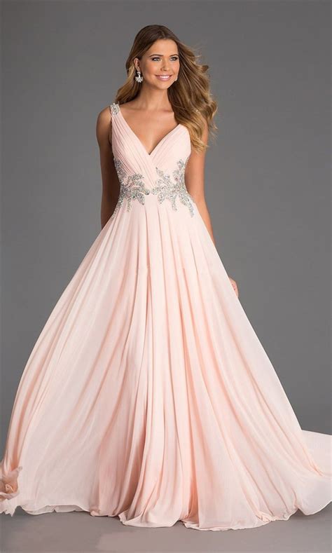 A Line V Neck Open Back Long Blush Pink Chiffon Beaded Prom Dress