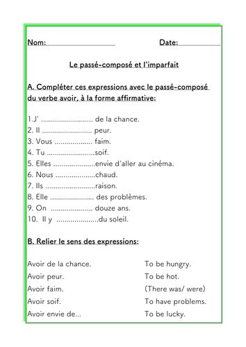 French Worksheets To Practice Past Tenses And Vocabulary With Avoir