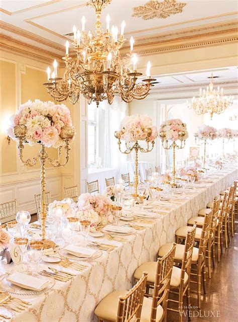 Gold And Pink Themed Wedding Table With Pink Flowers Gold Wedding