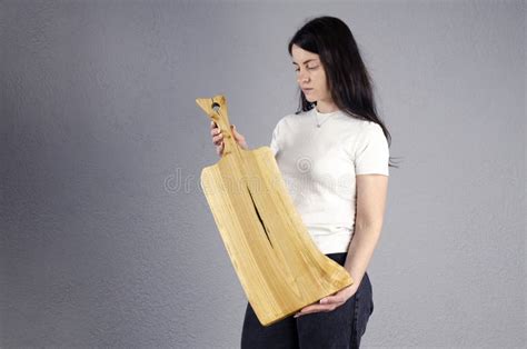 Beautiful Girl Cutting Board Young Woman Hold A Large Kitchen Board