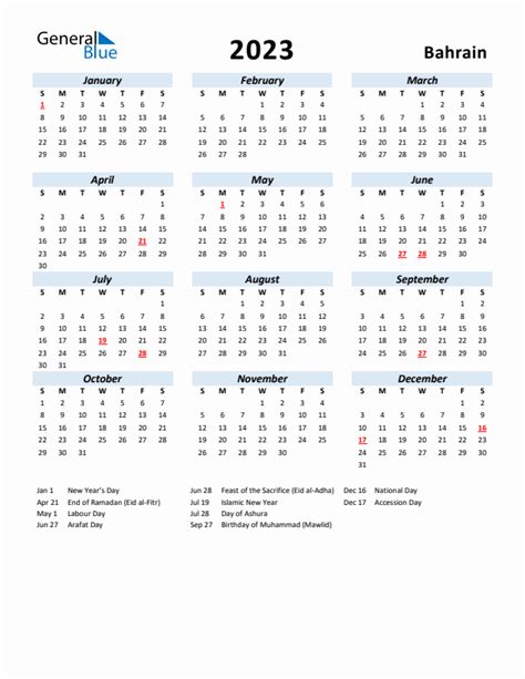 2023 Bahrain Calendar With Holidays Riset