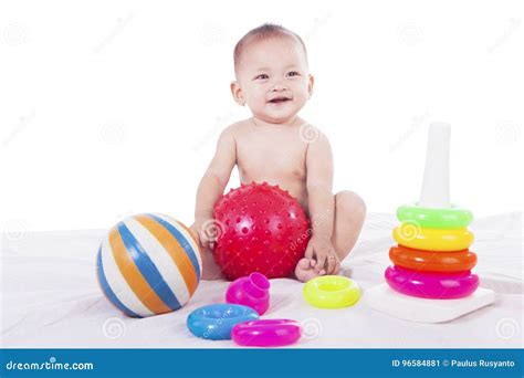 Cute Baby Plays With Colorful Toys Stock Image Image Of Blue