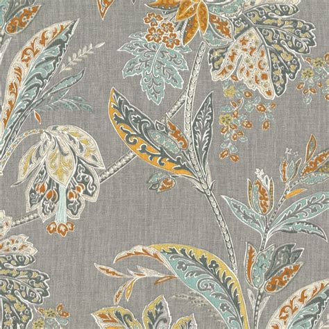 Gray And Orange Paisley Esque Floral Linen Fabric Vinaya Tumeric