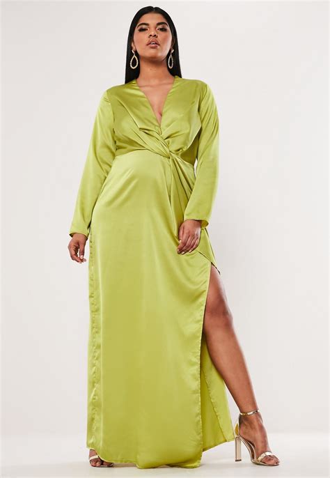 Missguided Lime Satin Thigh Split Maxi Dress