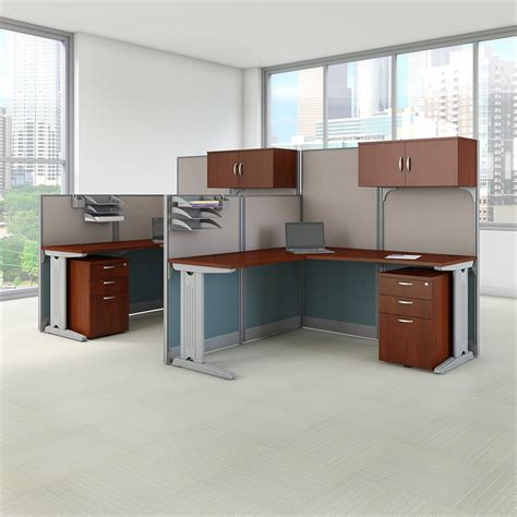 Office In An Hour 2 Person L Shaped Cubicle In Hansen Cherry