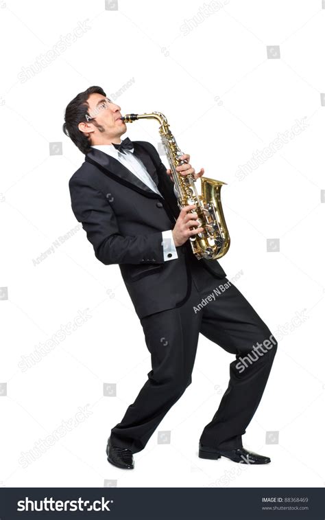 Guy Playing The Saxophone Over A White Background Stock Photo 88368469