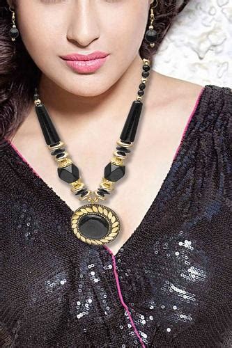Gold Plated Jewellery Mangalsutra Black Pendant Necklace With Chain For